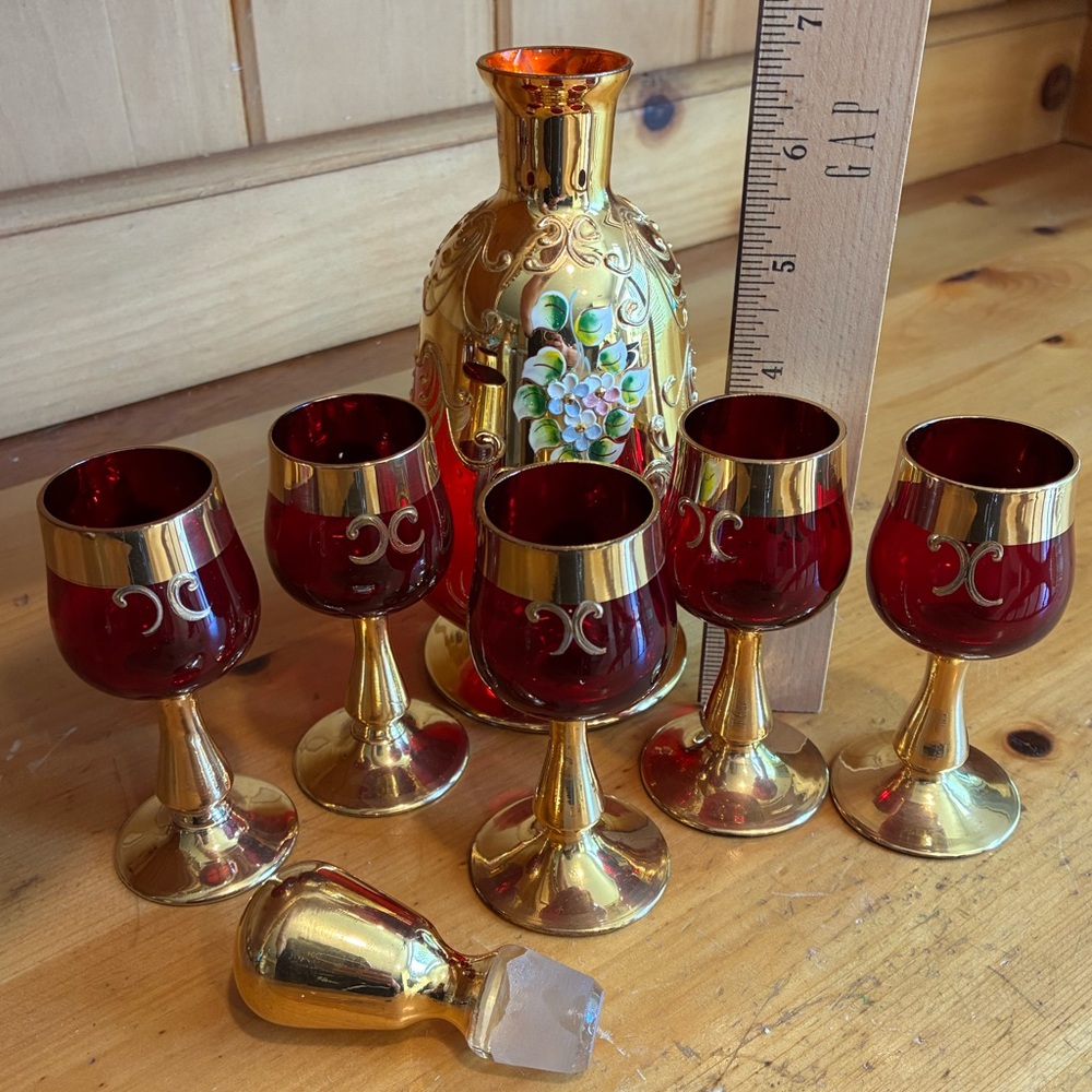 Vintage Ruby Red Murano Handblown Glass Decanter Set 24 Karat Gold - Picture 6 of 10